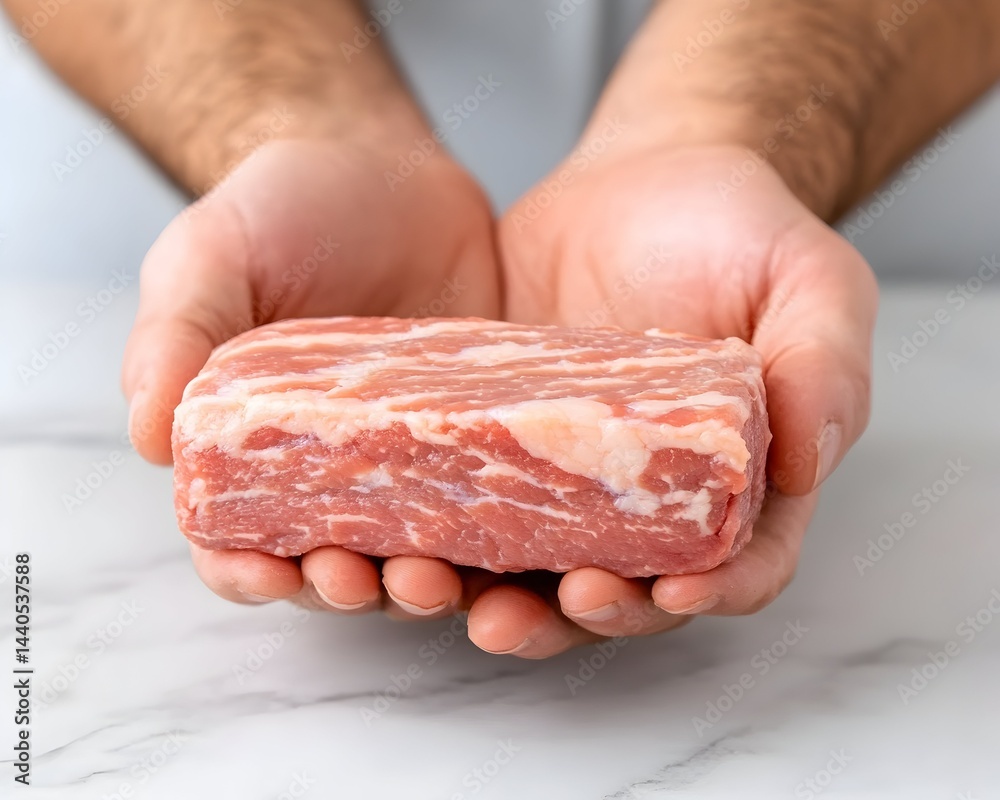 Two hands gently cradle a raw, marbled meat block