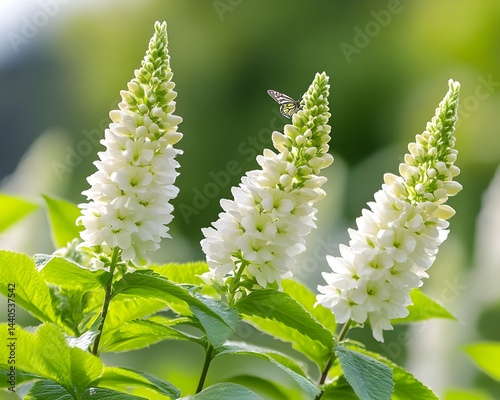 Obraz na płótnie Three tall white flower spikes with small insect, vibrant green foliage in soft-focus background w salonie