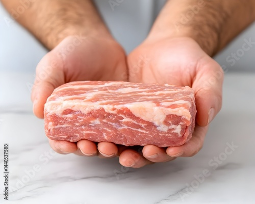 Obraz na płótnie Two hands gently cradle a raw, marbled meat block w salonie