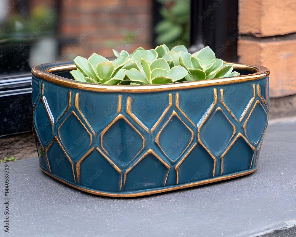Teal ceramic planter with gold geometric pattern, holding succulents