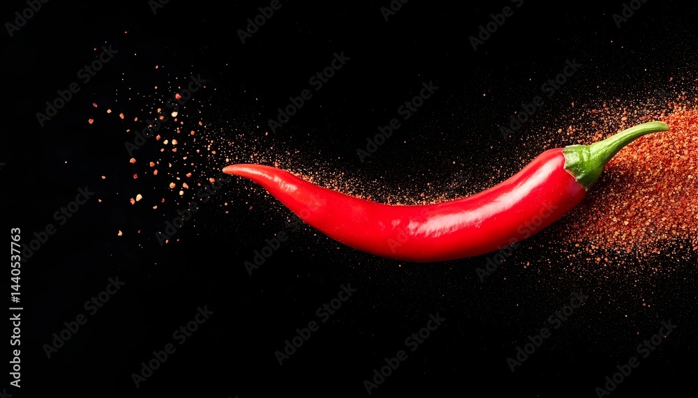 Vibrant red chili pepper in motion, leaving a trail of red spice dust against a black background