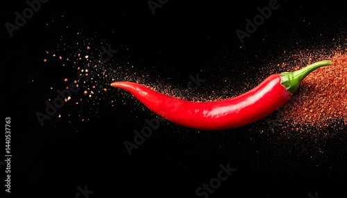 Vibrant red chili pepper in motion, leaving a trail of red spice dust against a black background