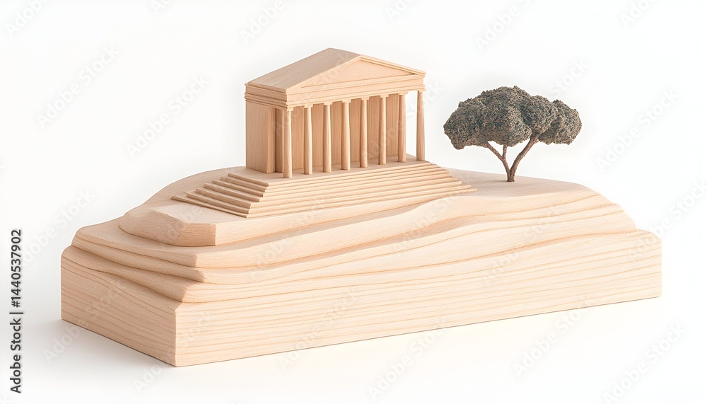 Wooden model of a classical temple on a hill with a small tree