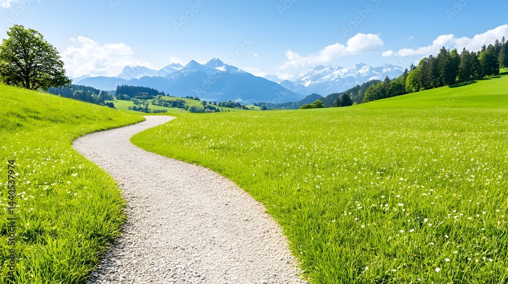 Winding gravel path through lush green meadow, leading to snow-capped mountains under a bright blue sky