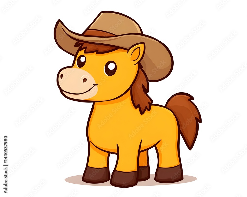 A cute, cartoon yellow pony wearing a cowboy hat