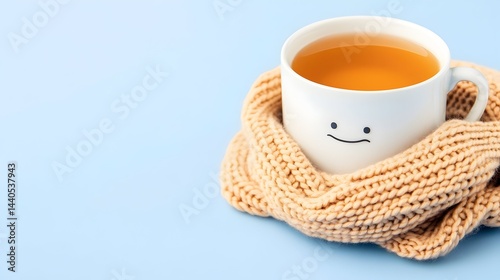 A cheerful mug of tea, wrapped in a cozy knit scarf, sits on a light blue background