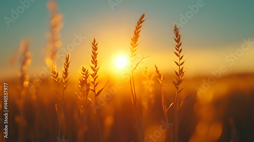 Golden Wheat Stalks Sunset Photo