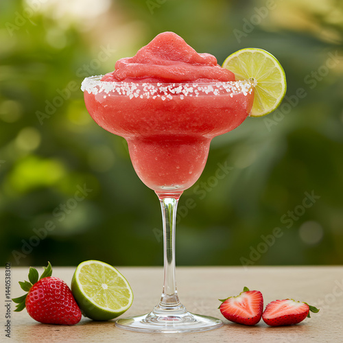 A strawberry margarita in a salt rimmed glass with lime and strawberries on a neutral surface
