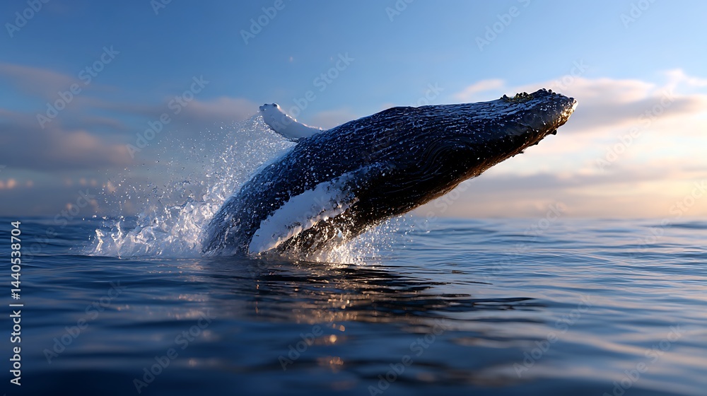 Obraz premium 夕暮れの海を跳ねるクジラ