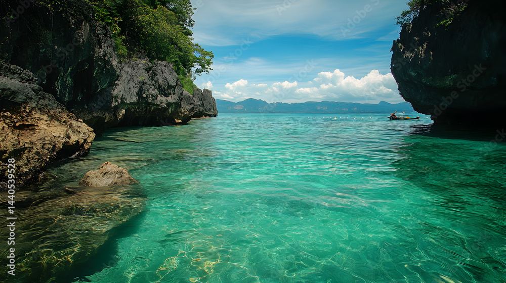 Fototapeta premium Turquoise water surrounds a tropical Thailand island with a sandy beach under the summer sky, a perfect seascape for a relaxing vacation