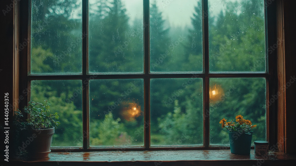 Fototapeta premium Rainy Day View Through a Rustic Window Green Trees and Potted Plants