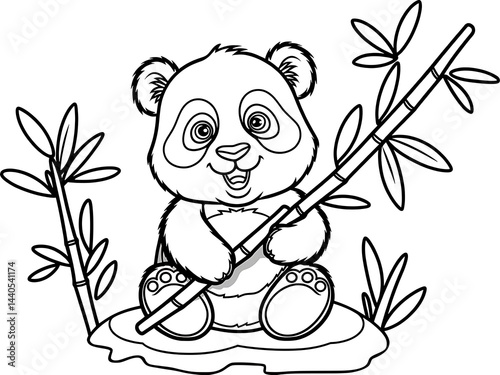 Cute Baby Panda Holding Bamboo, Simple Wildlife Coloring Page with a Happy Panda, Bold Black Lines on White Background photo