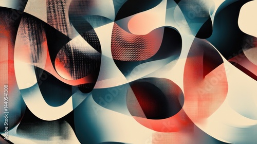 Abstract art with swirling, overlapping shapes in red, blue, and beige tones.