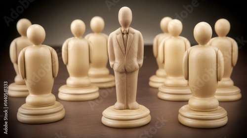 A wooden figure standing in front of a group of people representing leadership and early adopter advantage in innovation