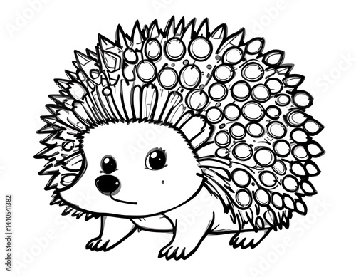 Hedgehog with Round Spikes, Cute Animal Coloring Page for Kids, Simple Line Art Illustration on a White Background photo