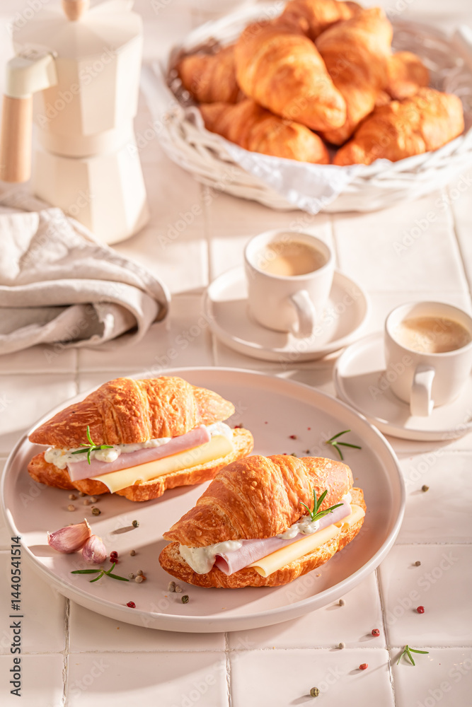 Golden and fresh french croissant for quick lunch.