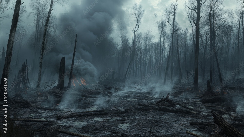 Obraz premium Devastating wildfire destruction charred forest photo series post-apocalyptic wide angle environmental crisis