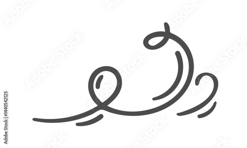 Swirling air line with dynamic loop and spiral, cartoon doodle style. Wind, airflow, breeze, gust, draft, vortex, air stream, swirl, monoline, wind symbol. Vector illustration.