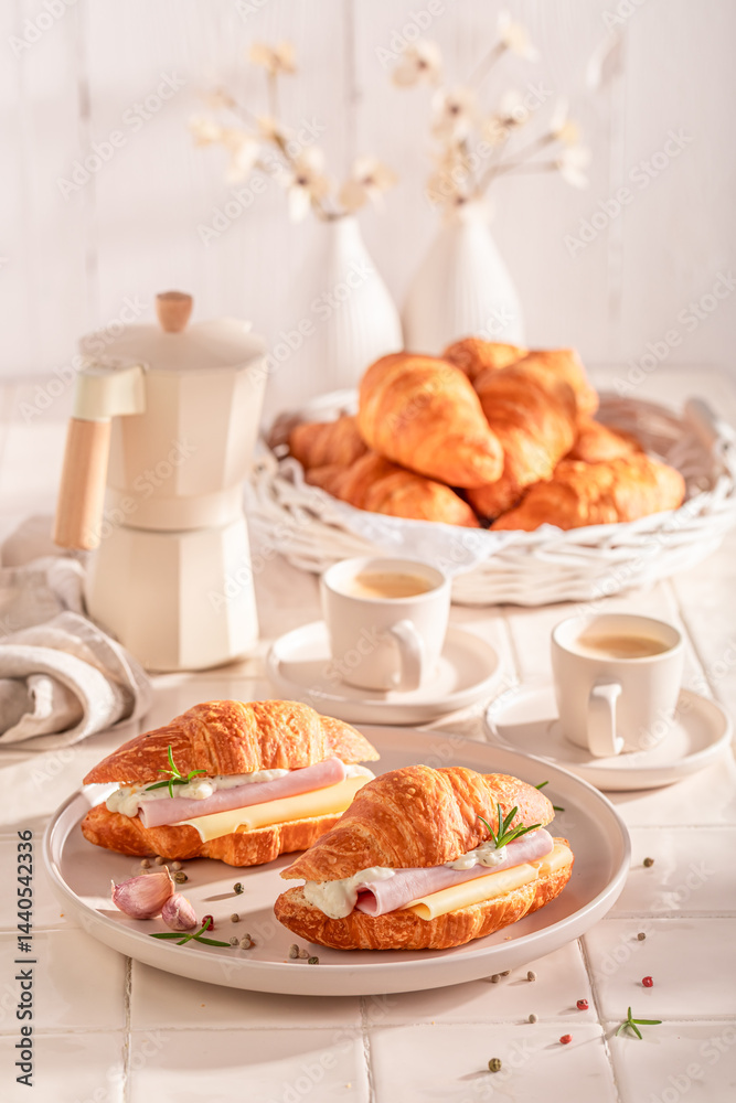 Tasty and healthy french croissant with ham and cheese.
