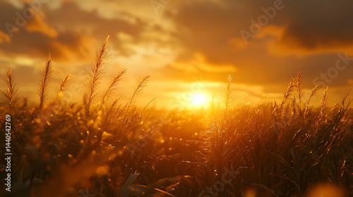 Golden Sunset Over Field of Tall Grass - Realistic Image