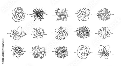 Doodle clew. Chaos lines, hand drawing tangled clew, insane mess scribble, confused brain thinking doodle, clutter complicated concept. Squiggles and scrawl vector set