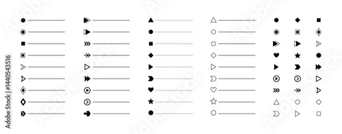 Bullet points. Minimalistic bullet point icons with arrows, dots and star, heart shapes. Vector set for UI UX design, web development, presentations and infographics
