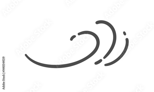 Swirling air line with dynamic loop and spiral, cartoon doodle style. Wind, airflow, breeze, gust, draft, vortex, air stream, swirl, monoline, wind symbol. Vector illustration.