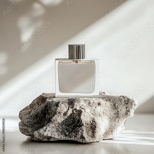 Perfume bottle with sunlight, and stone.