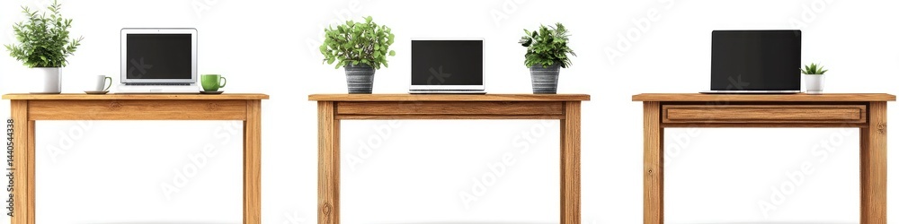Three simple wooden desks with laptops and plants Three simple wooden desks with laptops and plants