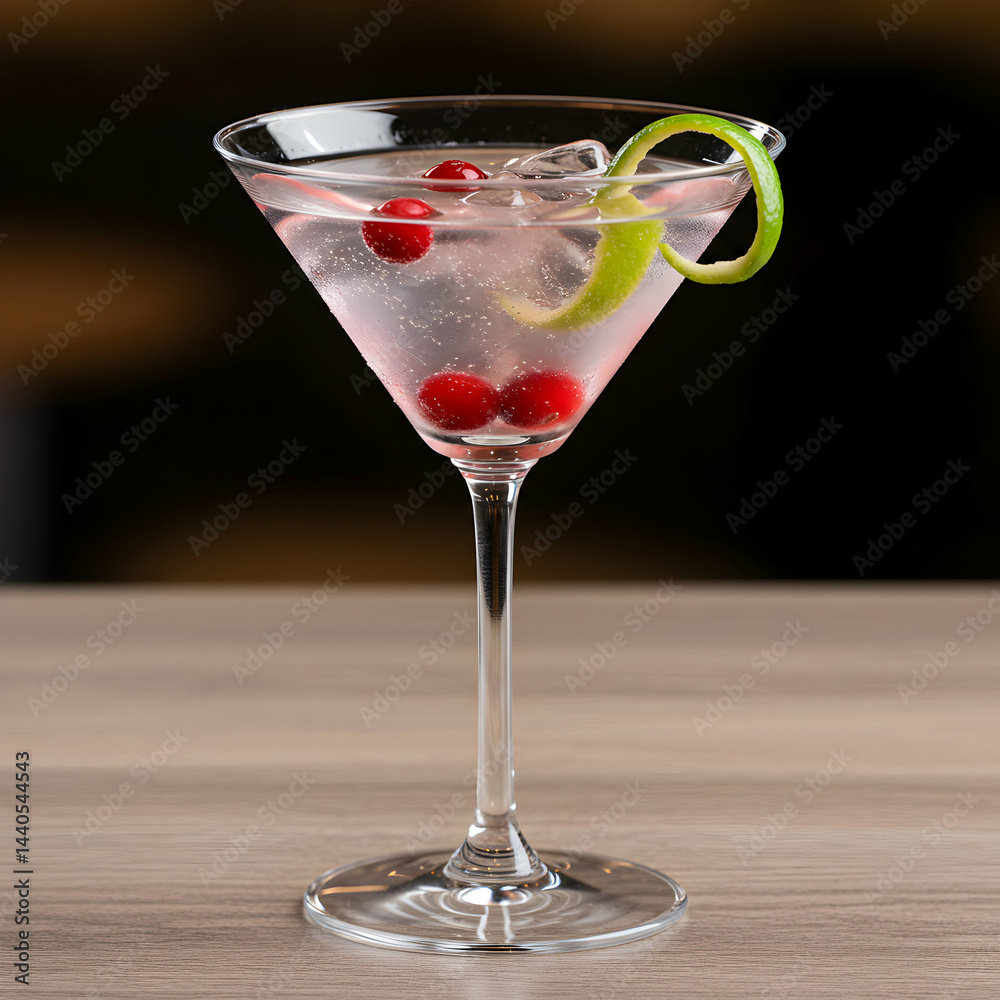 Close up of a cosmo cocktail in a martini glass with cranberries and a lime twist on a table top Close up of a cosmo cocktail in a martini glass with cranberries and a lime twist on a table top