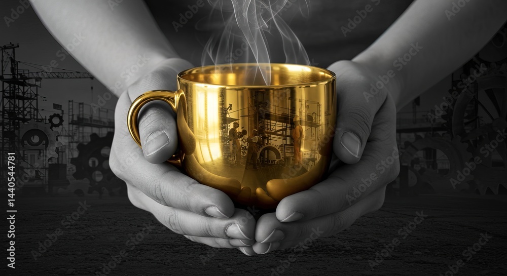 Hands holding golden cup with steam and factory reflection