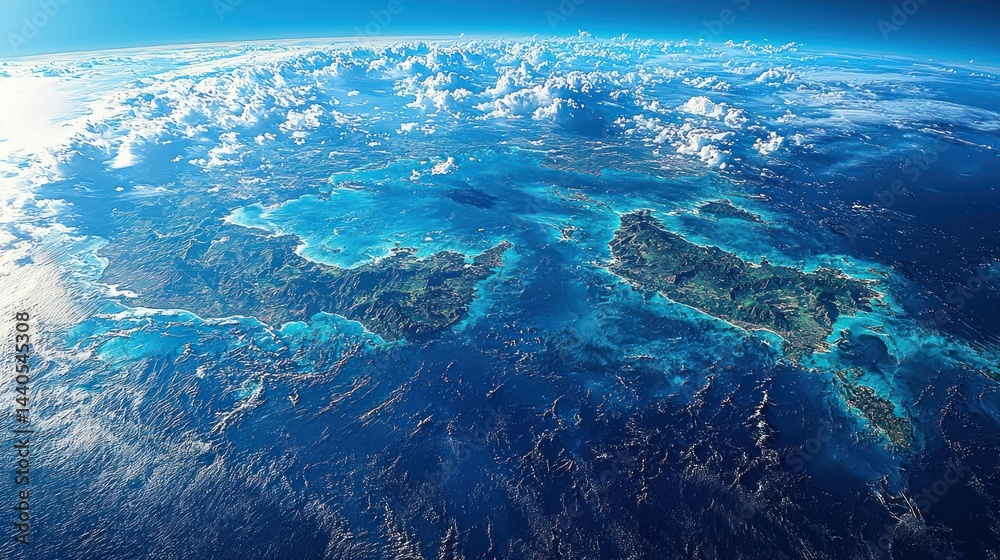 Fototapeta premium Aerial view of islands surrounded by blue ocean water and white clouds.