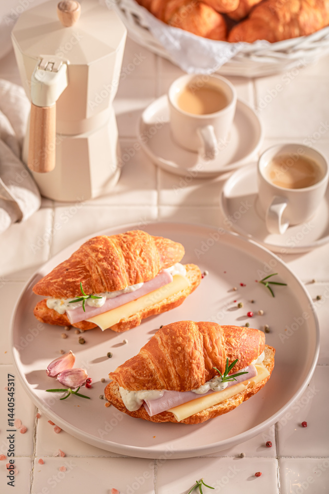 Golden and fresh french croissant with ham and cheese.