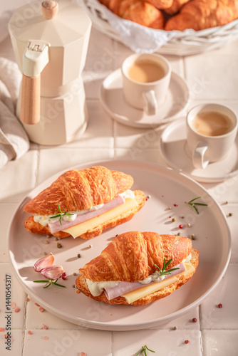 Obraz na płótnie Golden and fresh french croissant with ham and cheese. w salonie