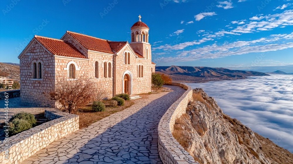 Fototapeta premium Stone Church on a Clifftop Above Clouds