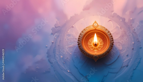Beautiful glowing Diwal diya lamp with soft pink and blue background top view