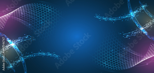 High computer technology design. Modern science vector presentation. Abstract hexagons and waves futuristic concept. Data transfer and protection, internet communication on a blue background.