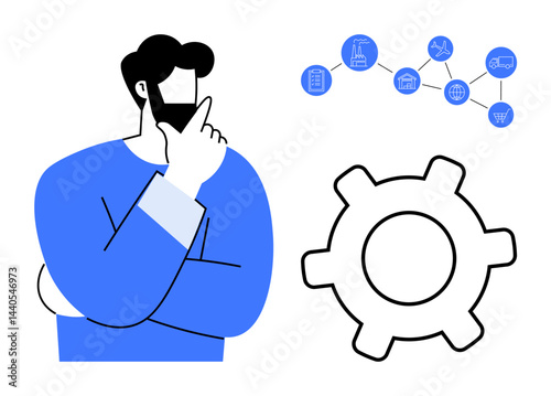 Thoughtful man with hand on chin, large gear symbolizing processes, network of nodes representing supply chain. Ideal for business strategy, logistics, process analysis, management, decision-making