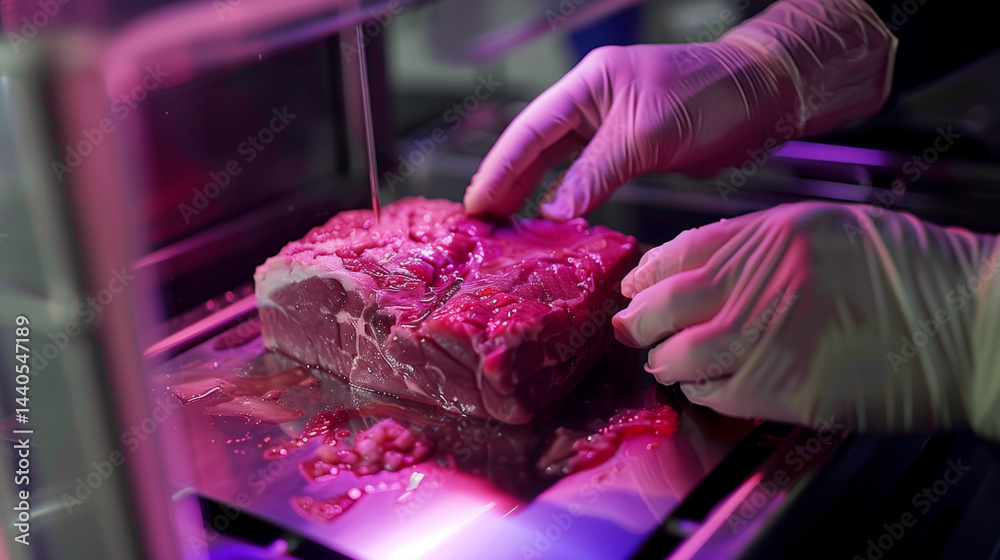 Gloved hands handling lab-grown steak in high-tech laboratory.