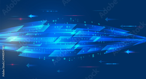 Abstract technology background with glowing blue arrows and binary code on a dark gradient. Concept of data transmission, innovation, and digital communication.