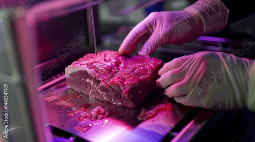 Obraz na płótnie Gloved hands handling lab-grown steak in high-tech laboratory. w salonie
