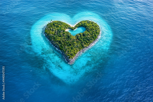Heart-shaped island surrounded by turquoise water in a tropical setting