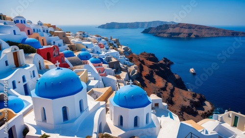 Picturesque Coastal Village of Oia Santorini Greece Featuring White Buildings Blue Domes and Aegean Sea in Bright Sunlight photo