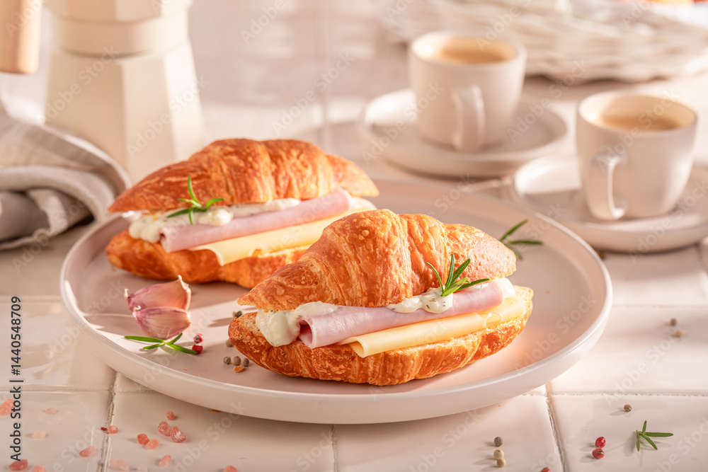 Golden and fresh french croissant with cheese, ham and garlic.