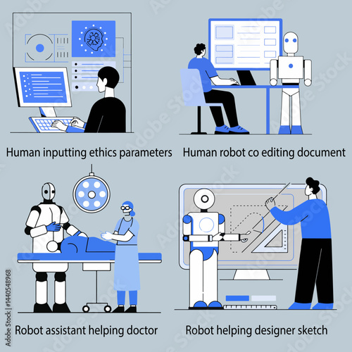EPS vector designs depicting AI and human collaboration in harmony. Human-Robot Collaboration in Healthcare and Technology Settings