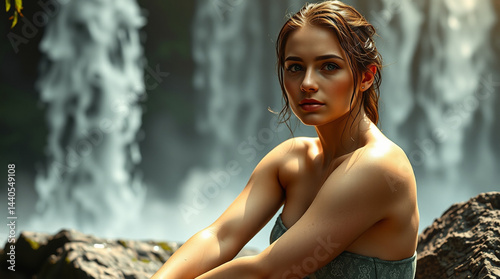Beautiful women sitting on the rock in front waterfall