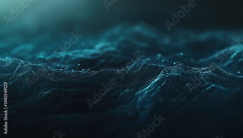 Abstract dark teal, mountainous landscape.  Particles illuminate peaks