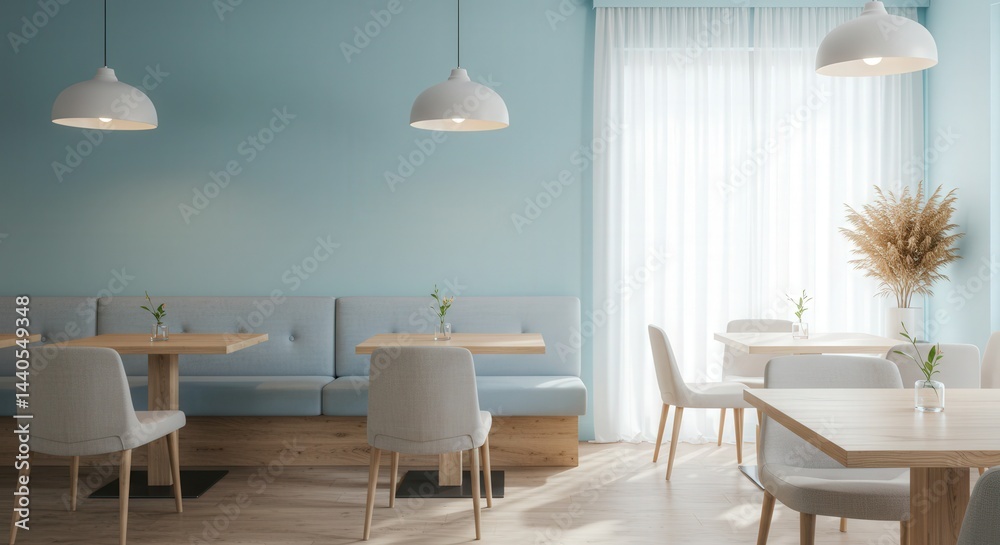 Fototapeta premium Interior of bright cafe with wooden tables and white chairs