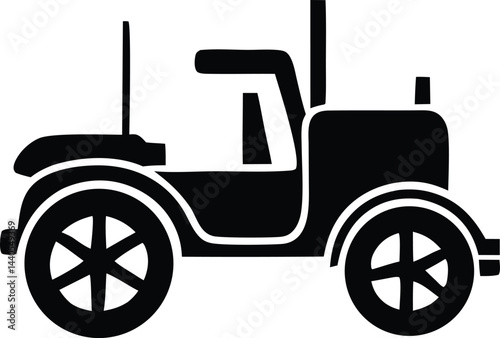 A vintage auto and a farm tractor are classic transport vehicles, shown in vector silhouette illustrations