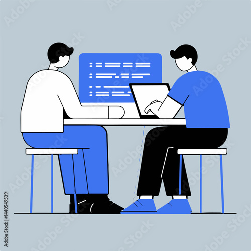 EPS vector designs depicting AI and human collaboration in harmony. Two Individuals Working Collaboratively at a Desk with Technology